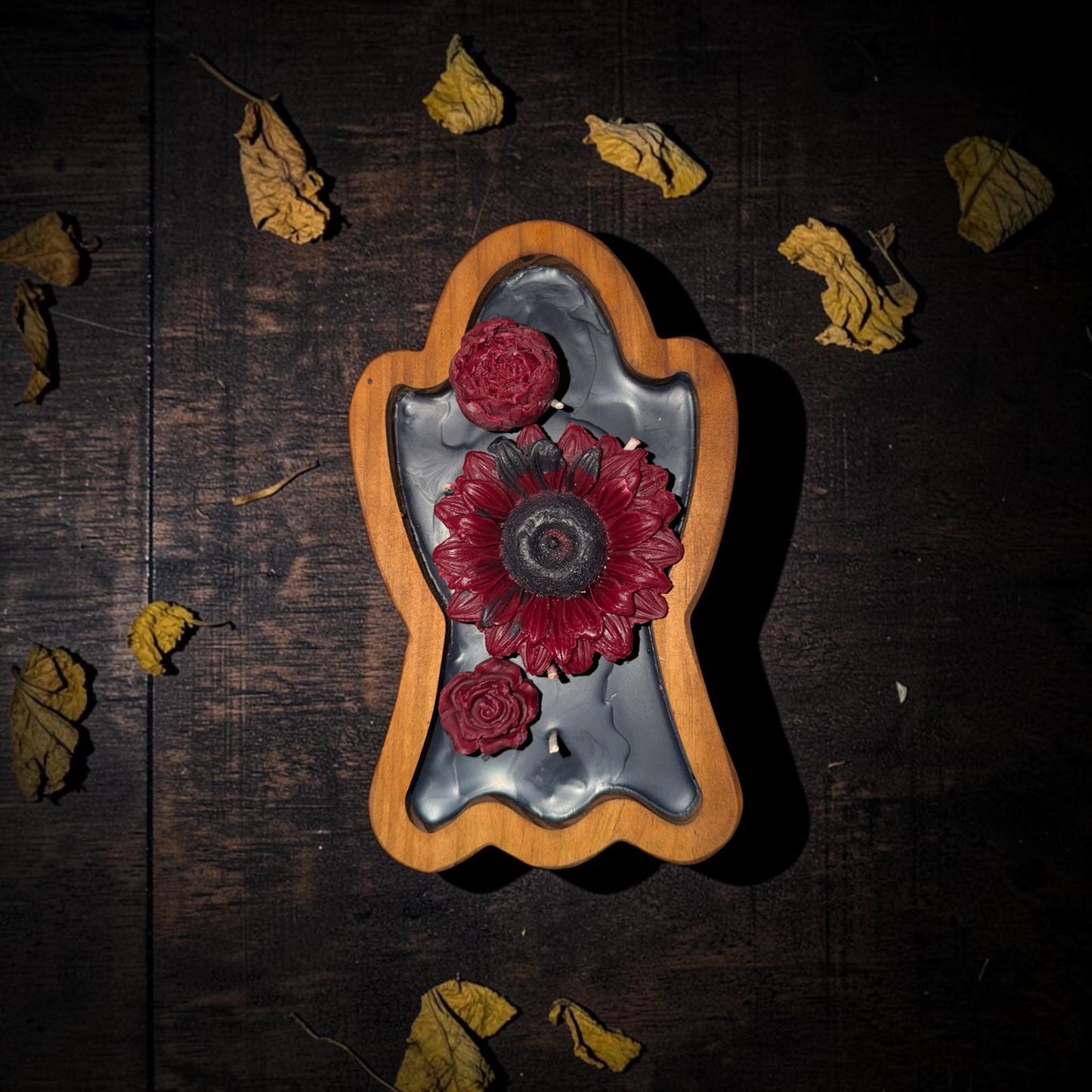Ghost Wooden Dough Bowl Candle with Blood Sunflowers