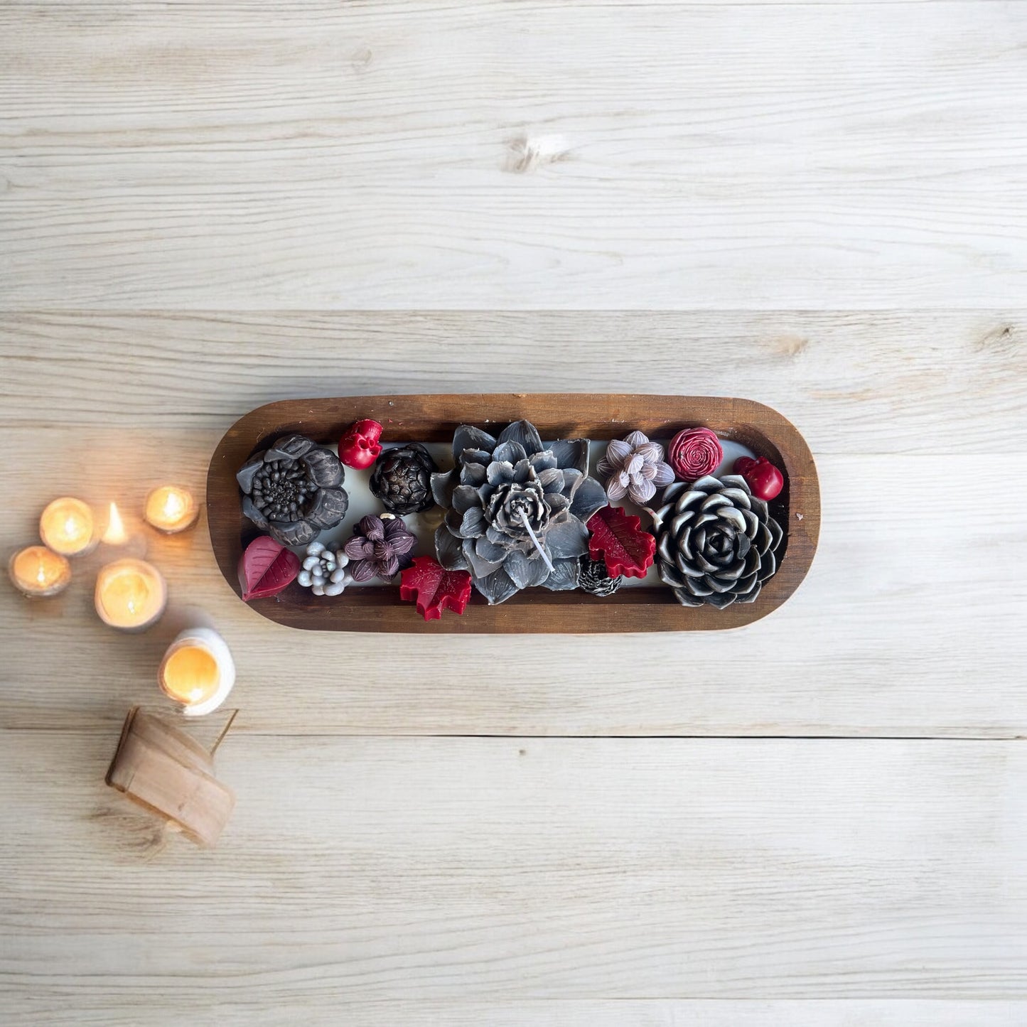 12in Wooden Dough Bowl Gothic Floral Candle