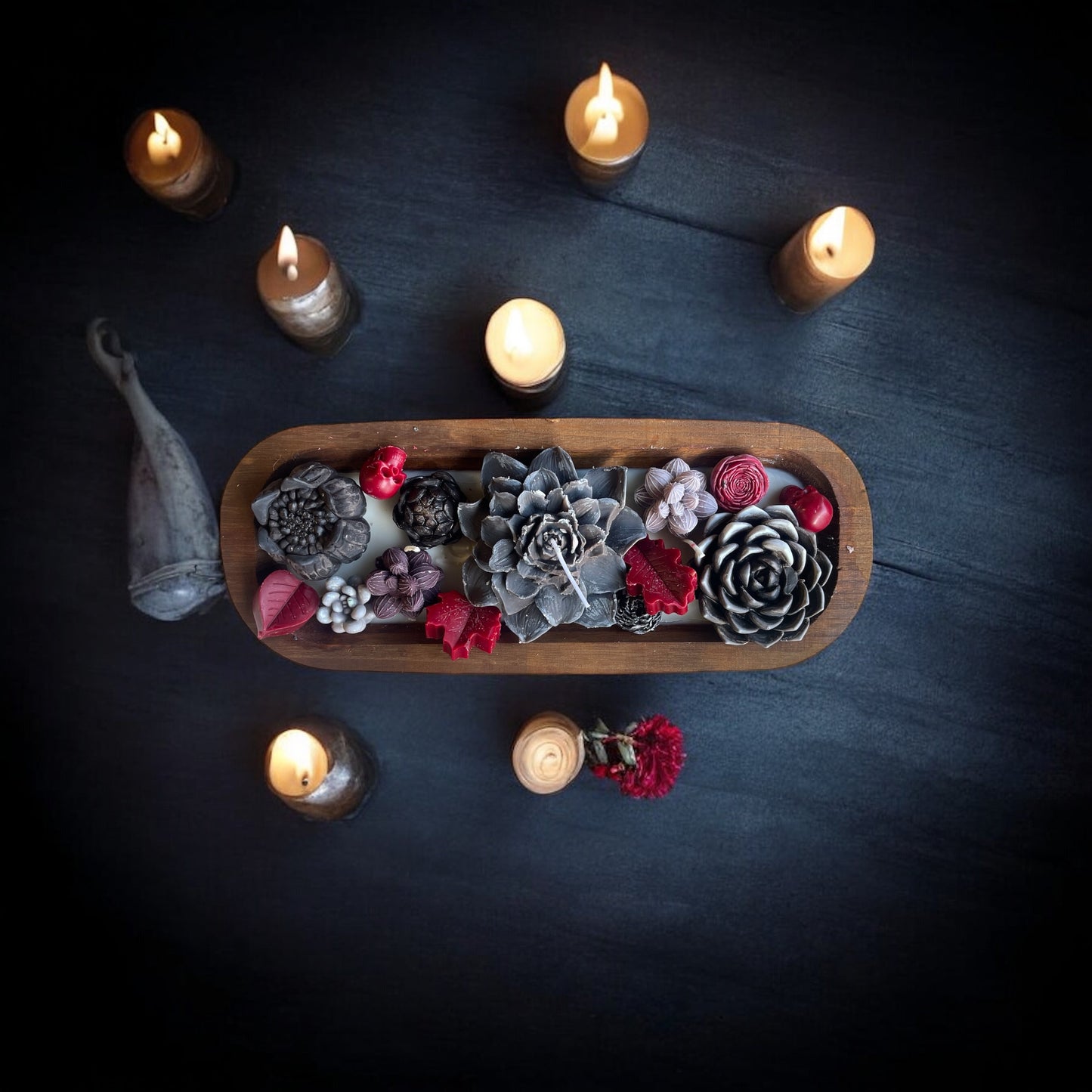 12in Wooden Dough Bowl Gothic Floral Candle