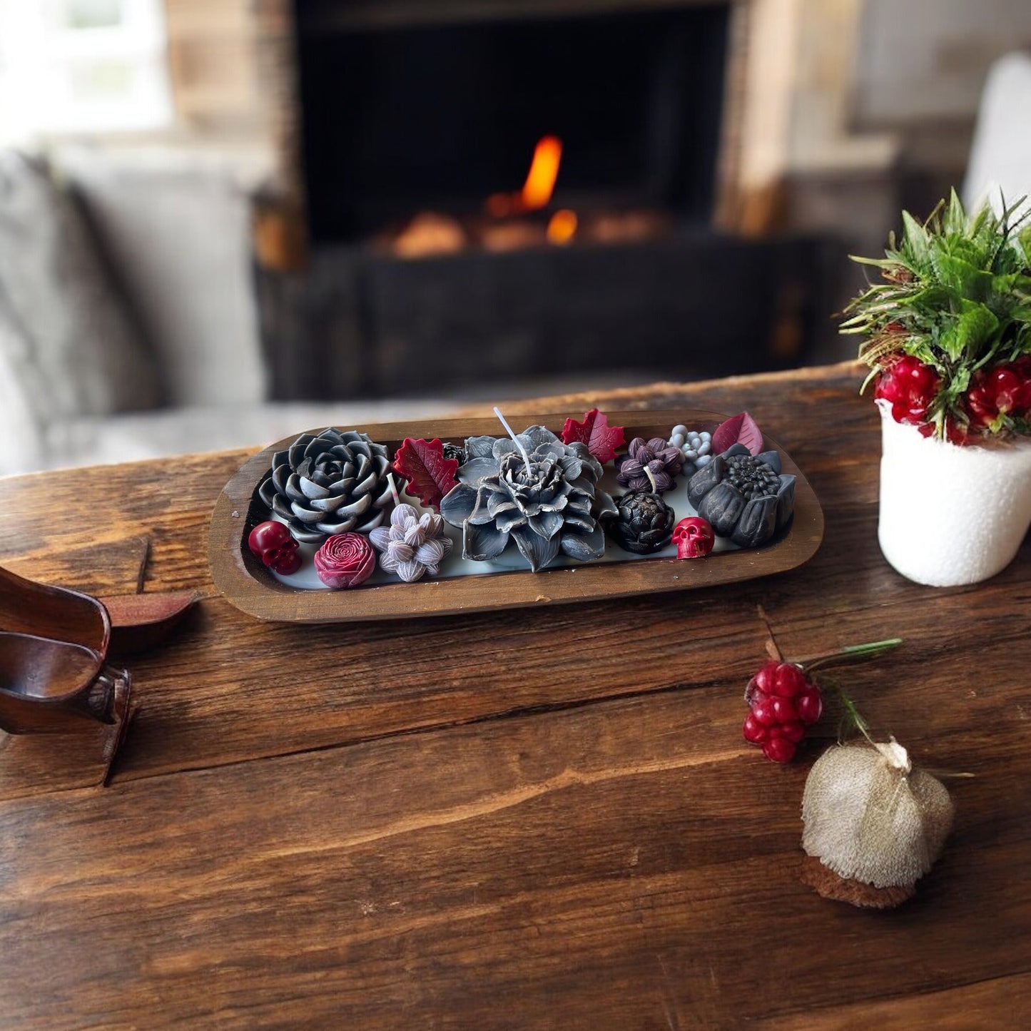 12in Wooden Dough Bowl Gothic Floral Candle