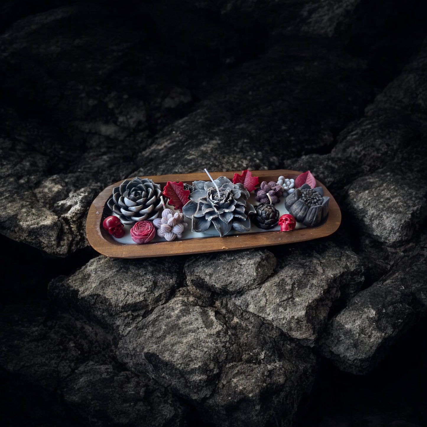 12in Wooden Dough Bowl Gothic Floral Candle